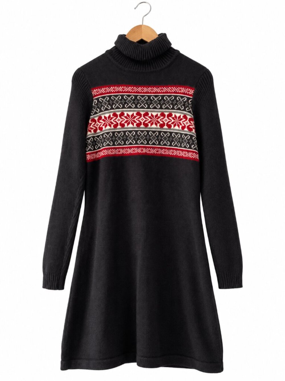 Vintage Aeropostale Black Cotton Fair Isle Snowflake Turtleneck Sweater Dress M